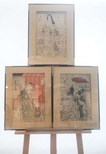 JAPON Cinq estampes ?ban, époque d'Edo - ère Meiji / XIXe, encadrements formant suite,...