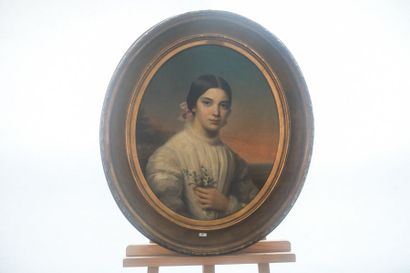 ANONYME "Jeune Femme au bouquet - Adèle", 1856, huile sur toile ovale, datée au milieu...
