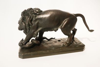 ECOLE FRANCAISE "Lion au serpent", fin XIXe, groupe en bronze patiné, l. 56 cm.