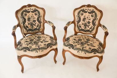 null Paire de fauteuils en cabriolet d'époque Louis XV, accotoirs ornés d'une coquille,...