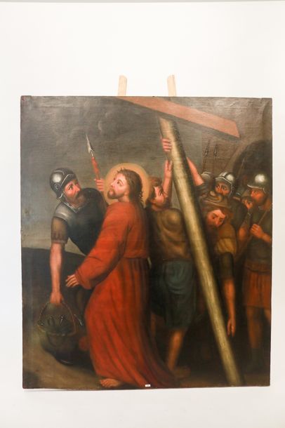 ECOLE FLAMANDE "Portement de croix", XIXe, huile sur toile, 144x123,5 cm [légères...
