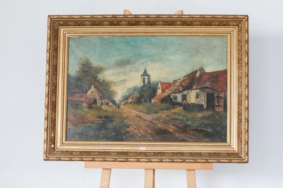 Ecole Belge "Chemin villageois animé", circa 1900, huile sur toile, signée en bas...