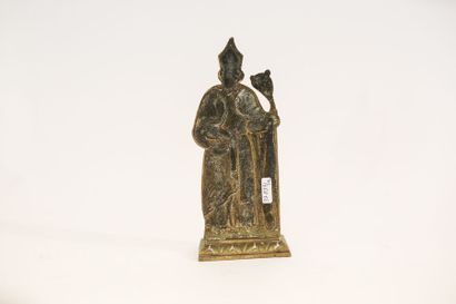 null "Saint Hubert", XIXe, sujet méplat en laiton sur socle, h. 22 cm [usures/ox...