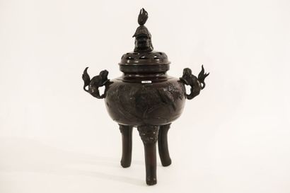 JAPON Brûle-parfum ding à décor naturaliste en relief, prise et anses en forme de...