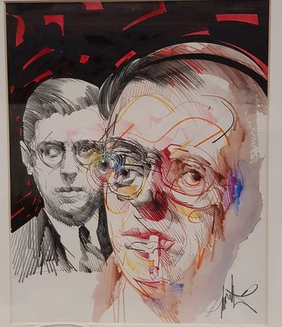 null Raymond MORETTI (1931-2005), Jean-Paul Sartre, double portrait. Encre, crayons...