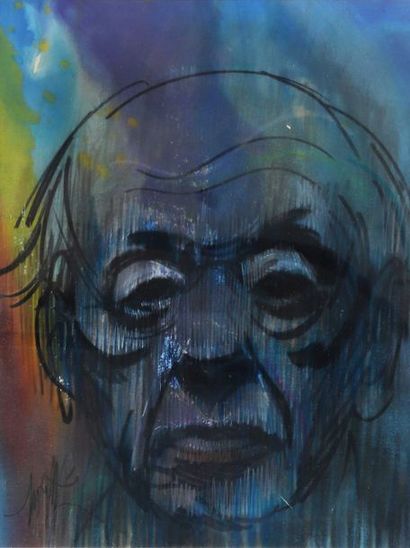 null Raymond MORETTI (1931-2005), Portrait sur fond bleu de Eugène Ionesco. Technique...
