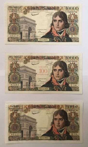 null 18.	Type Bonaparte. Série des 3 billets 10000 F, 10000 surchargé 10 NF et 100...