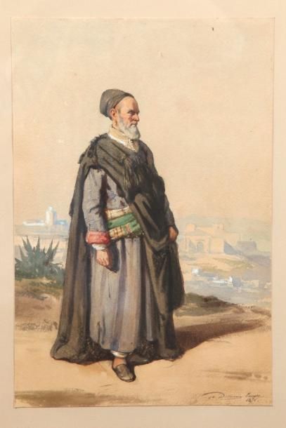 Auguste DELACROIX (1809-1868) Vieil homme devant la ville de Tanger Aquarelle, 37,5...
