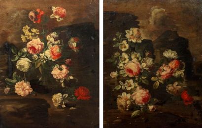 ECOLE DU NORD Bouquets de fleurs Deux huiles sur toile XIXème s. 63 x 48 cm