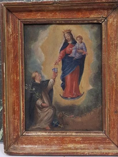 null Foreign school, The Virgin Mary giving the scapular to a Saint, Oil on resinous...