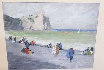 null François LANOS ( Xxème s.), Etretat, les falaises depuis la plage, Gouache sur...