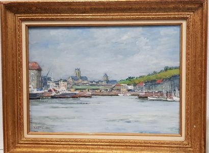 null François LANOS ( 10th century), Le port (Fécamp?), Oil on panel, signed below...