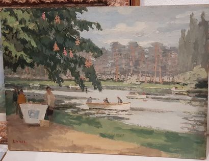 null François LANOS ( Xxème s.),Le lac du bois de Boulogne, Huile sur carton signée...