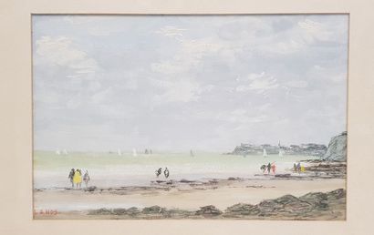 null François LANOS ( XXème s.), Bords de plage en Normandie, Huile sur papier, signée...