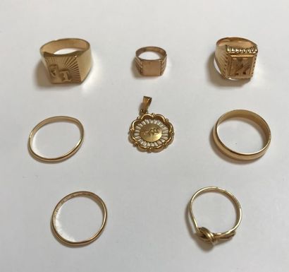 null Set of seven rings, ring and pendant in 750°/00 yellow gold

Total gross weight:...