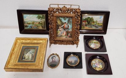null Lot de 6 miniatures et reproductions, sur porcelaine, encadrées , dont scènes...