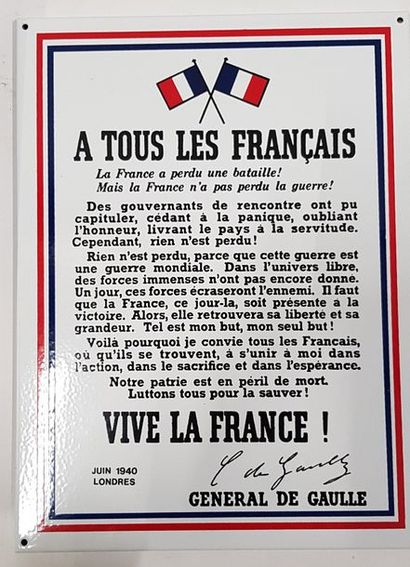 null Plaque émaillée de l’Appel du Général De Gaulle Juin 1940. 40 x 30 cm