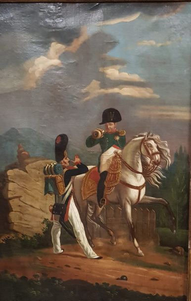 null "L’Empereur Napoléon 1er sur un de ses cheval blanc, devant un grenadier à pieds....