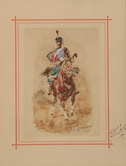 null E. LAME (?), « 8è hussard »(?), dessin à l’aquarelle et gouache, titré et signé...
