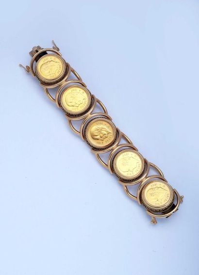 null Bracelet composé de cinq pièces en or de dix pesos mexicains (1906, 1907 et...