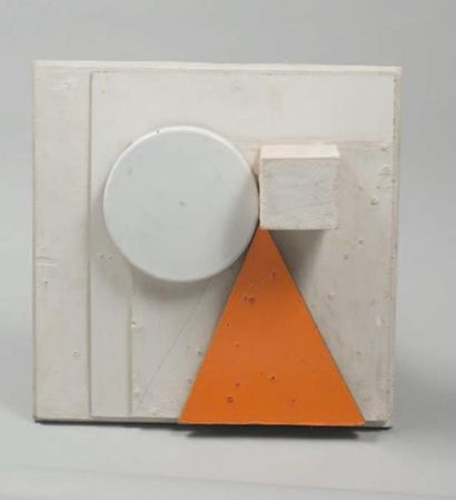 Robert SAINT-CRICQ Triangle orange, Cube, Carré blanc, Fond blanc Technique mixte...