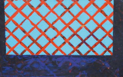 Pascal MAHOU Lucarne bleue Acrylique sur toile, 2000 Signée au dos 22 x 35 cm