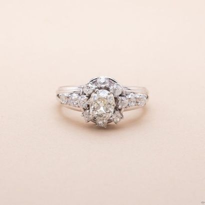 null Platinum and white gold 750°/00 ring centered on an oval cushion cut diamond...