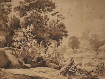 null Achille Etna MICHALLON (1796-1822)
Paysages rocheux
Deux crayons et lavis brun...
