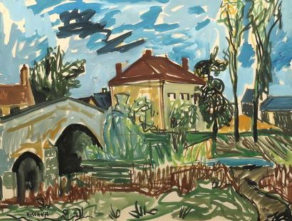 null Isis KISCHKA (1908-1973),
 « La villa au pont », gouache sur papier, signée...