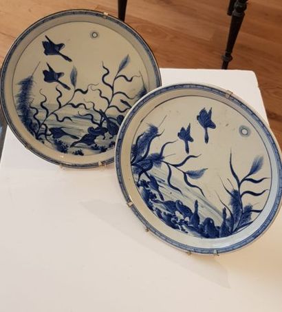 null CHINE, Deux plats circulaires en porcelaine à décor en bleu sous couverte de...