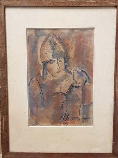 E. M. BURGIN (?)
Character with pigeon 
Watercolour...