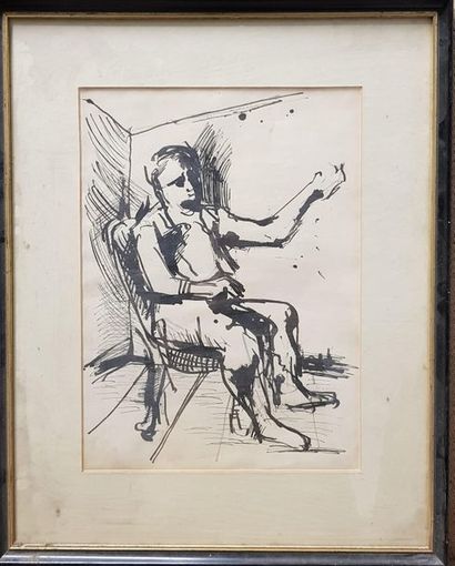 20th century school 
Seated man
Ink on paper,...