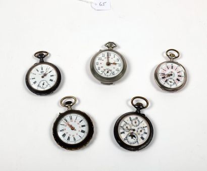 null Five metal watches, one with alarm and one with date (regulator style).