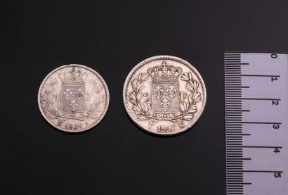 null CHARLES X (1824-1830). Lot d’une 2 f. 1827 Lille, et d’un franc 1826 Paris....