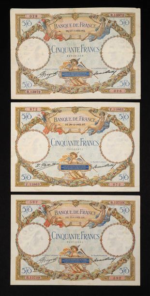 null 50 F Luc Olivier Merson type 1927 modified. Lot of 3 tickets: 15/6/1933, 27/7/1933...