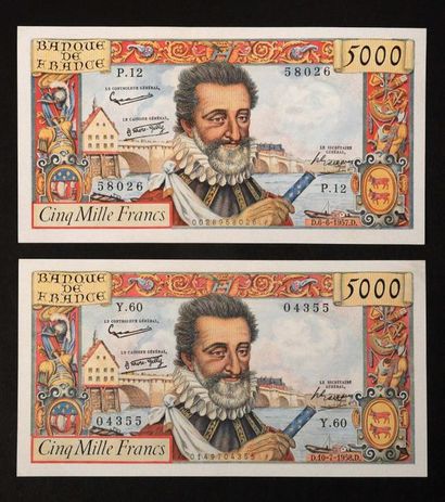null 5000 F Henri IV type 1957. Lot of 2 tickets (6.6.1957 and 10.7.1958). F 49/2...