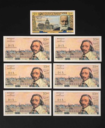 null 10 NF Richelieu type 1959. Batch of 6 tickets: 2 x 5.3.1959, 3 x 1.9.1960 and...