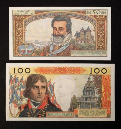 null 50 NF Henri IV et 100 NF Bonaparte type 1959. Lot de 2 billets : 50 NF du 2.7.1959...