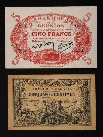 null LA REUNION. Lot de 2 billets : 5 F Cabasson rouge, Banque de la Réunion n.d....