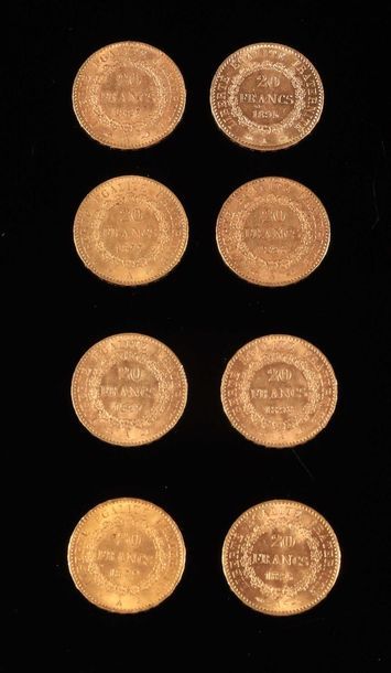 null FRANCE. Lot of 8 p. of 20 f. gold at the Génie, various dates.