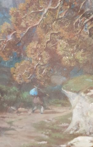 null E. DELAMARE (?) 

Forêt de Barbizon (?), promeneur au baluchon bleu 

Gouache...