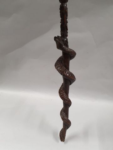 null Bâton d’Esculape ? En bois sculpté, à décor d’un serpent enroulé dévorant un...