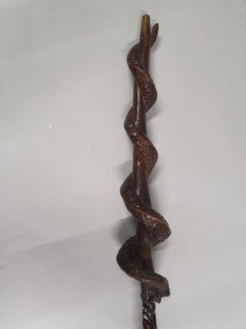 null Bâton d’Esculape ? En bois sculpté, à décor d’un serpent enroulé dévorant un...