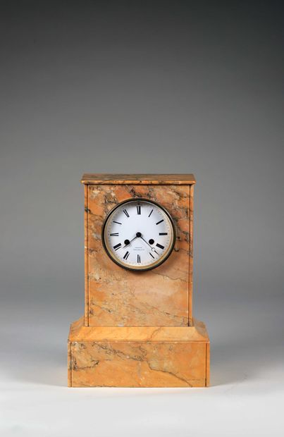 null Yellow marble terminal clock, probably Sienna, the white enamelled dial, hours...