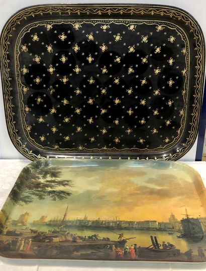 null Large black and gold lacquered metal tray. 42 x 52 cm