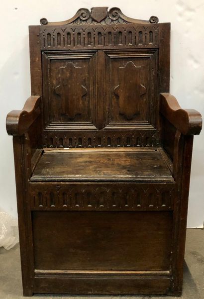 null 2 rustic carved oak church armchairs, one forming a chest 

110 x 58 x 40 cm...