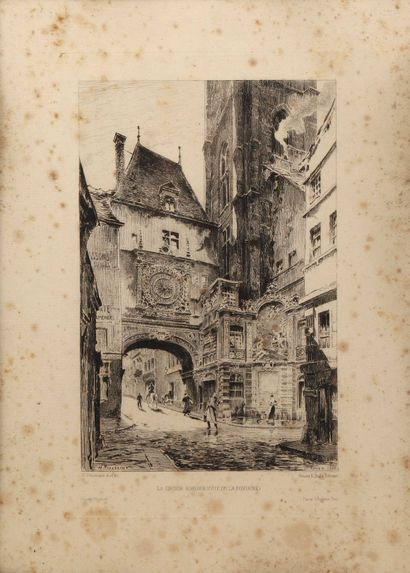 null The Big Clock of Rouen seen from the side of the fountain. Etching signed 'H....