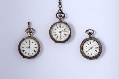 null Three silver collar watches and a chain.