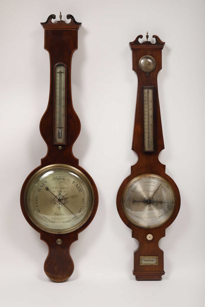 null Banjo' beechwood barometer with Fahrenheit thermometer, signed 'John Martin...