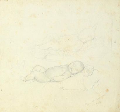 Paul DELAROCHE (1797-1856) Enfant endormi (Deux études sur une même feuille) Mine...